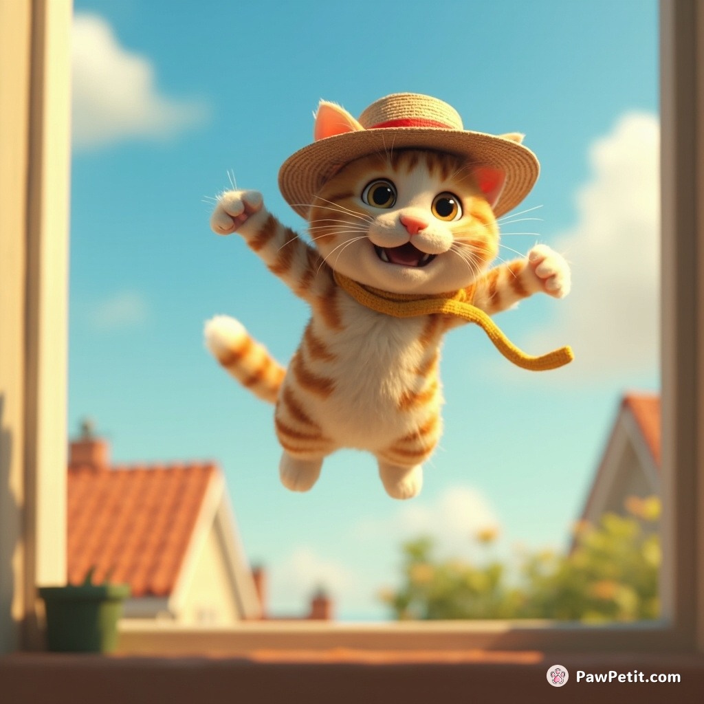 The cat leaps from windowsill to rooftop, chasing the wind with a sunhat perched comically on its head.