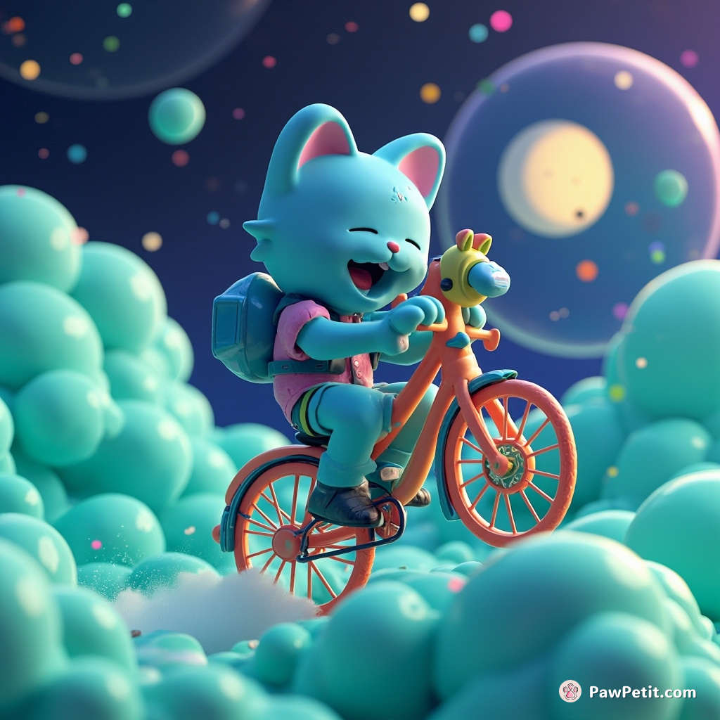 A neon blue cat riding a giraffe-shaped bicycle on spaceship, weaving through clouds of emerald stardust.