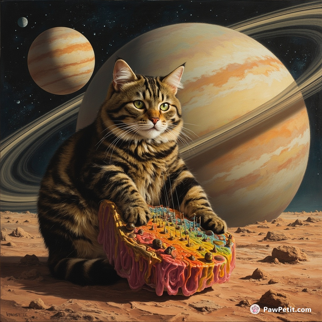A giant tabby cat playing a harpsichord made of rainbow jelly on Saturn's largest moon, Titan.