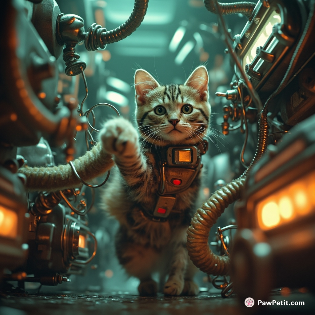 Whiskers the cat wildly navigated intergalactic gadgets, flicking levers with dahlianoid robo-tentacles to stop a quantum anomaly.