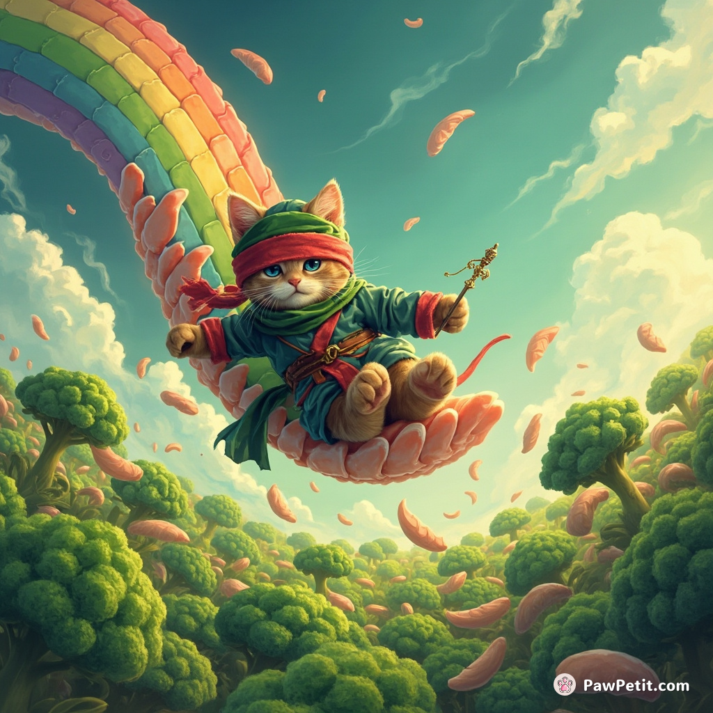 A ninja cat sliding down a rainbow made of fishbones in the middle of an alien broccoli field.