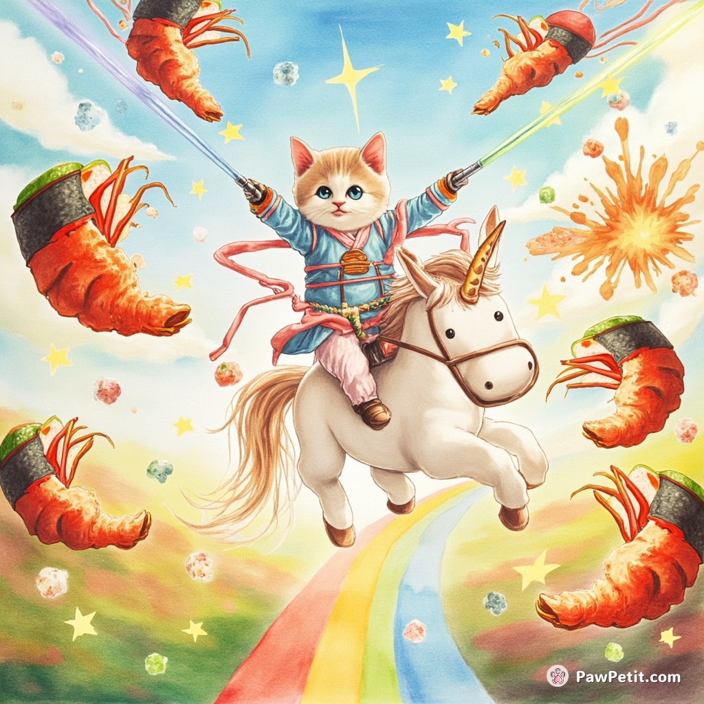 Cat riding a unicorn on rainbow road, battling samurai-shrimp with lightsaber-forks amid exploding sushi stars.