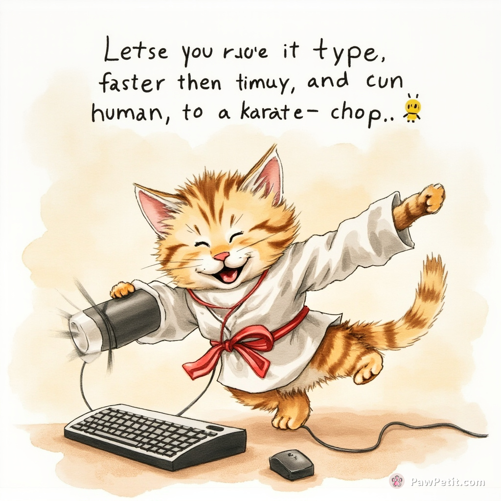 Cat karate-chops a computer keyboard, convinced it can type faster than any human.