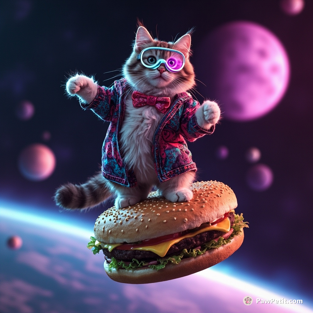 Cat breakdancing on a floating cheeseburger in outer space wearing 3D inspired monocle.