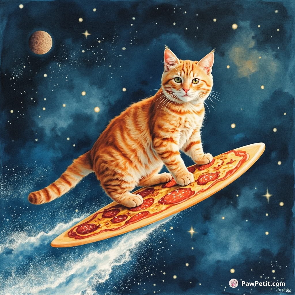 Cat windsurfing on a Pizza slice across a galaxy Nebula.