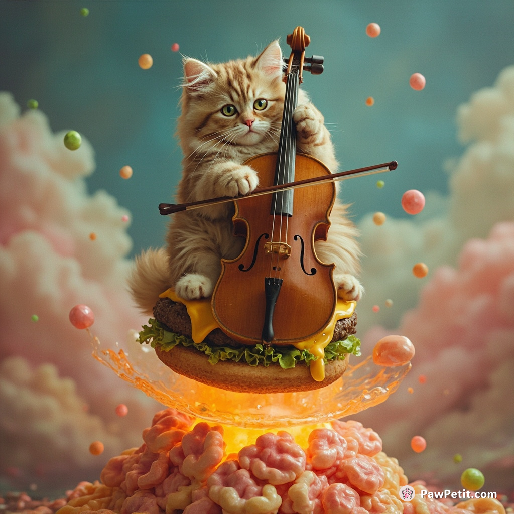A cat playing cello atop a levitating cheeseburger over a bubblegum volcano.