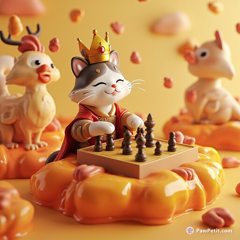 A royal cat playing chess on a floating island of jelly, under a barbecue chicken rain.
