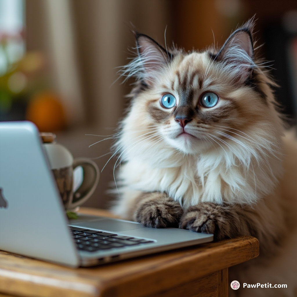 Curious feline perches at a tiny desk, paws poised over a laptop, pretending to work with utmost concentration.