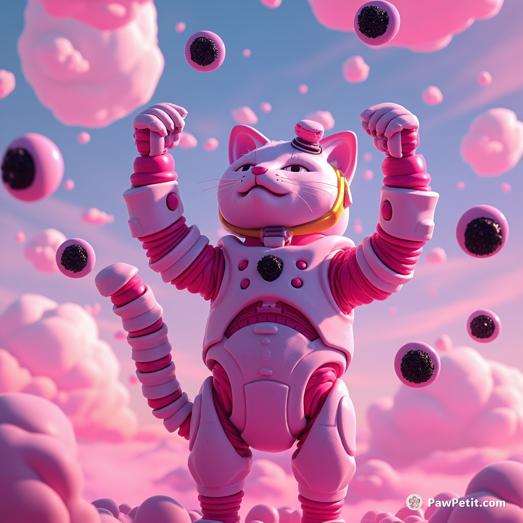 A neon cybernetic cat juggling miniature black holes in a floating city of giant marshmallows.