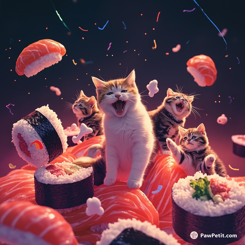 A gang of domesticated cats having a neon dance party on top of gigantic sushi rolls floating in mid-air.