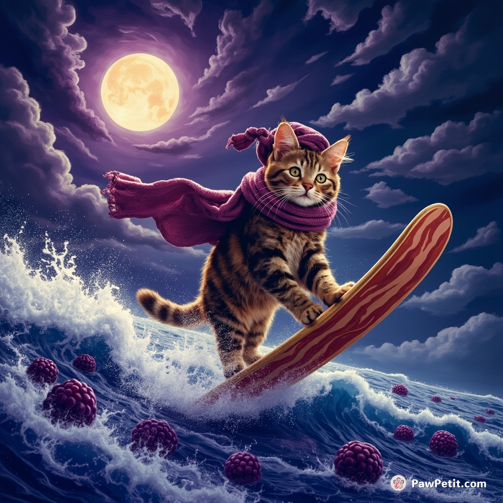 Cat surfing on a bacon strip in a sea of blueberry jam under a kiwi moon.