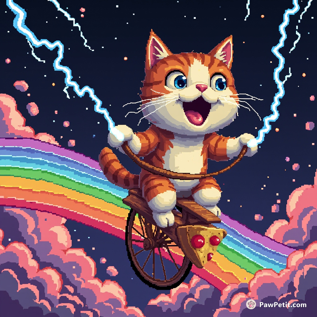 A cat shooting lightning out of its paws, riding over a rainbow on a unicycle made of pizza.
