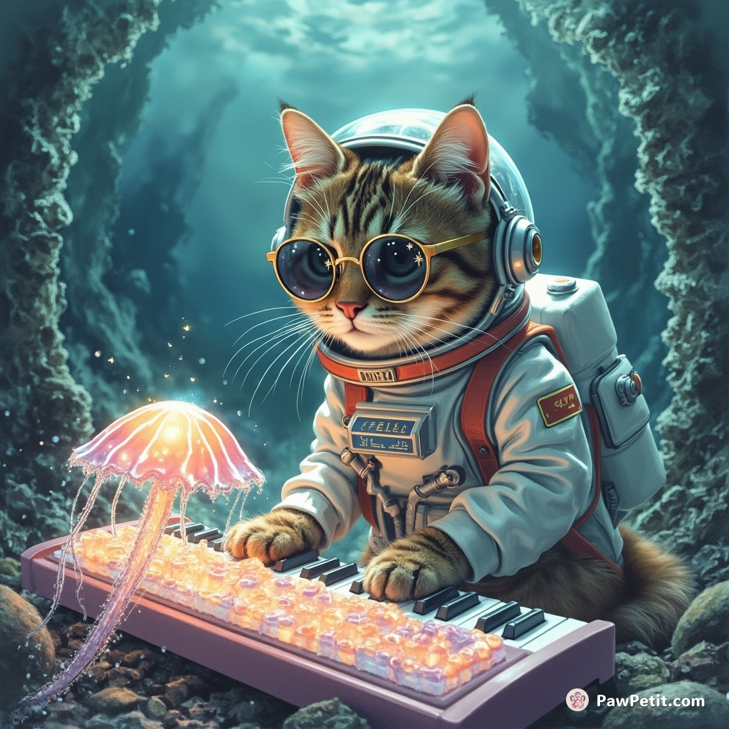 A cat tapping away at a luminous jellyfish keyboard in underwater ruins, wearing astronaut gear with star-shaped sunglasses.