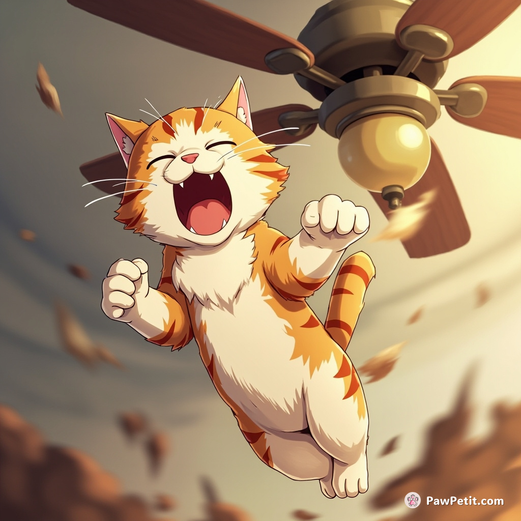 Frenzied cat leaps onto a spinning ceiling fan, claws out, and yowls for dear life as it spins wildly.