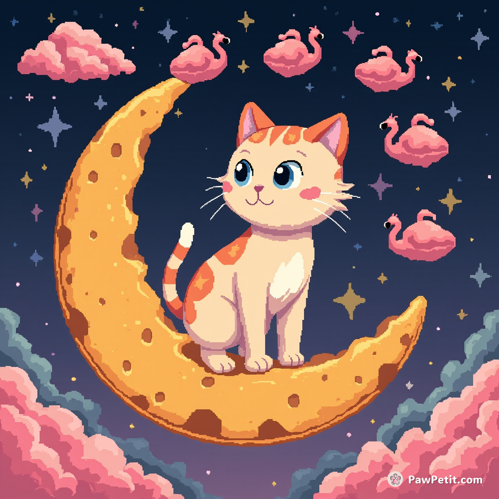 Cat standing on a floating cheese moon, juggling flamingo-shaped clouds with its tail.