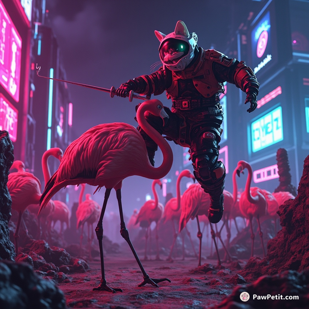 Cybernetic cat jousting on a flamingo in a neon-soaked post-apocalyptic landscape.