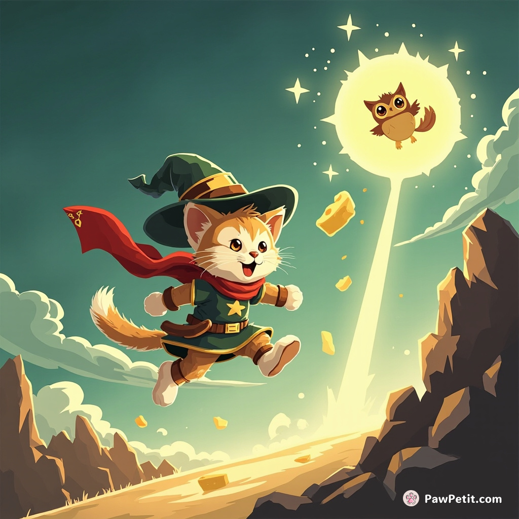 Whiskers, a valiant tabby, leaps through time portals to rescue his kingdom from a cheese-stealing owl sorcerer.