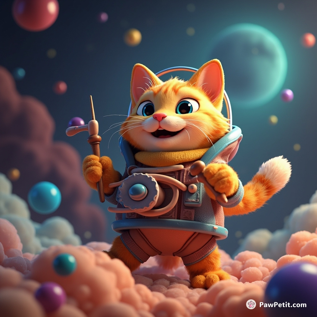The feline deftly maneuvers levers with its paws, piloting the strange contraption through the cosmos.