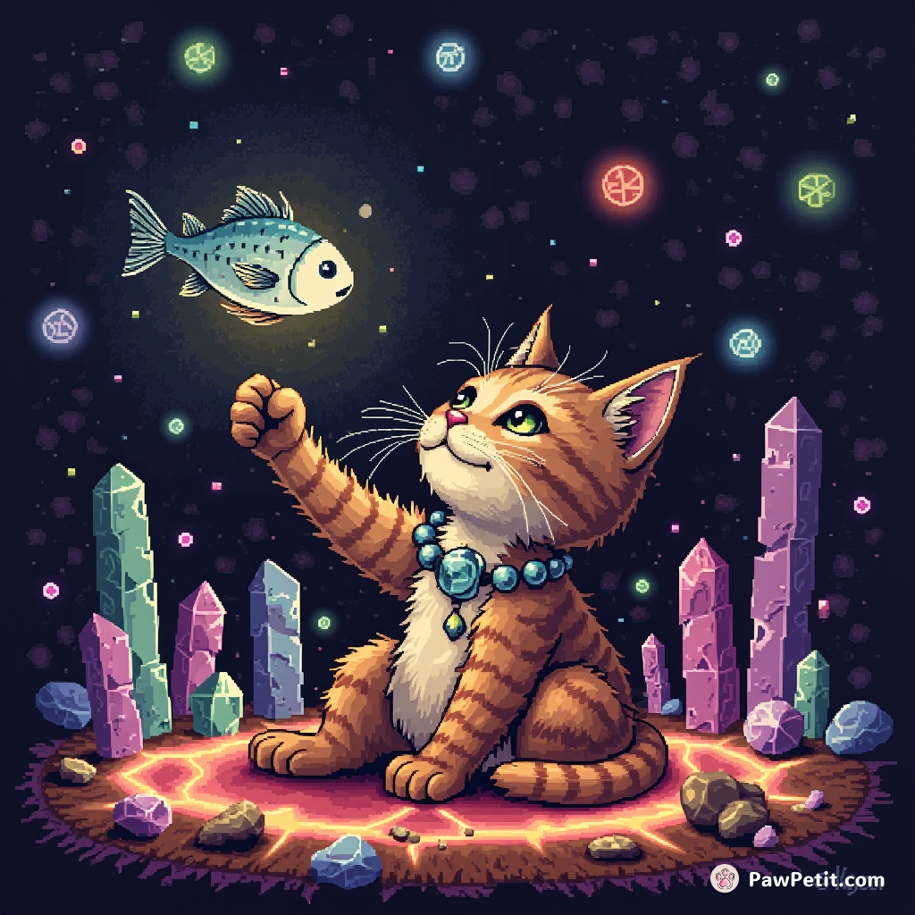 Cat in the midst of Shamanic rituals surrounded by spiritual crystal orbs flying around, as it levitates a fish.
