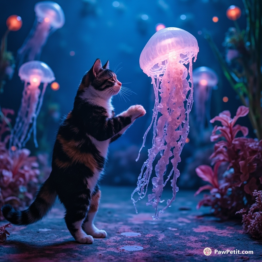 A calico cat performing a tango with a transparent jellyfish in an undersea ballroom lit by bio-luminescent plants.