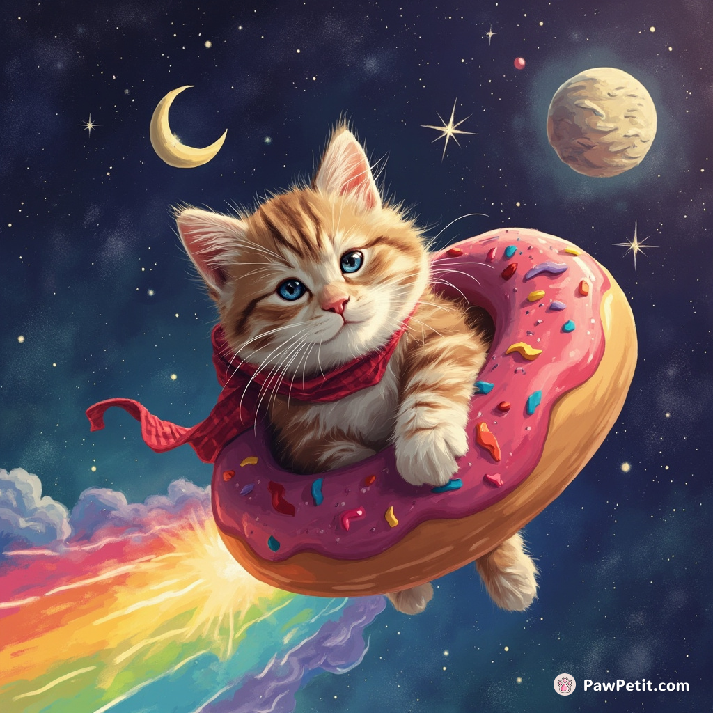 Cat surfing a rainbow on a donut-shaped rocket in outer space.