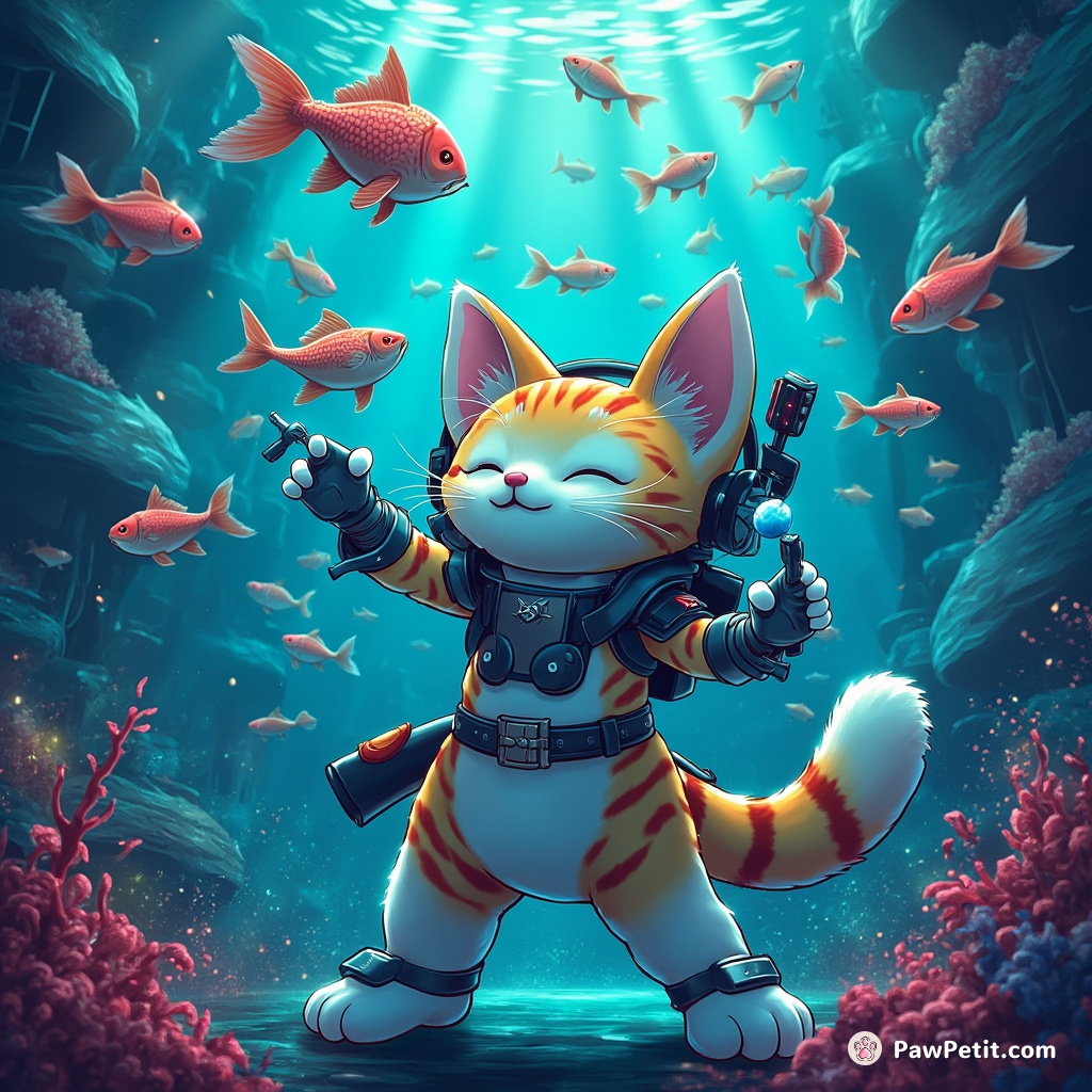 Cartoon cat orchestrating a ballet of floating fish in an underwater city.
