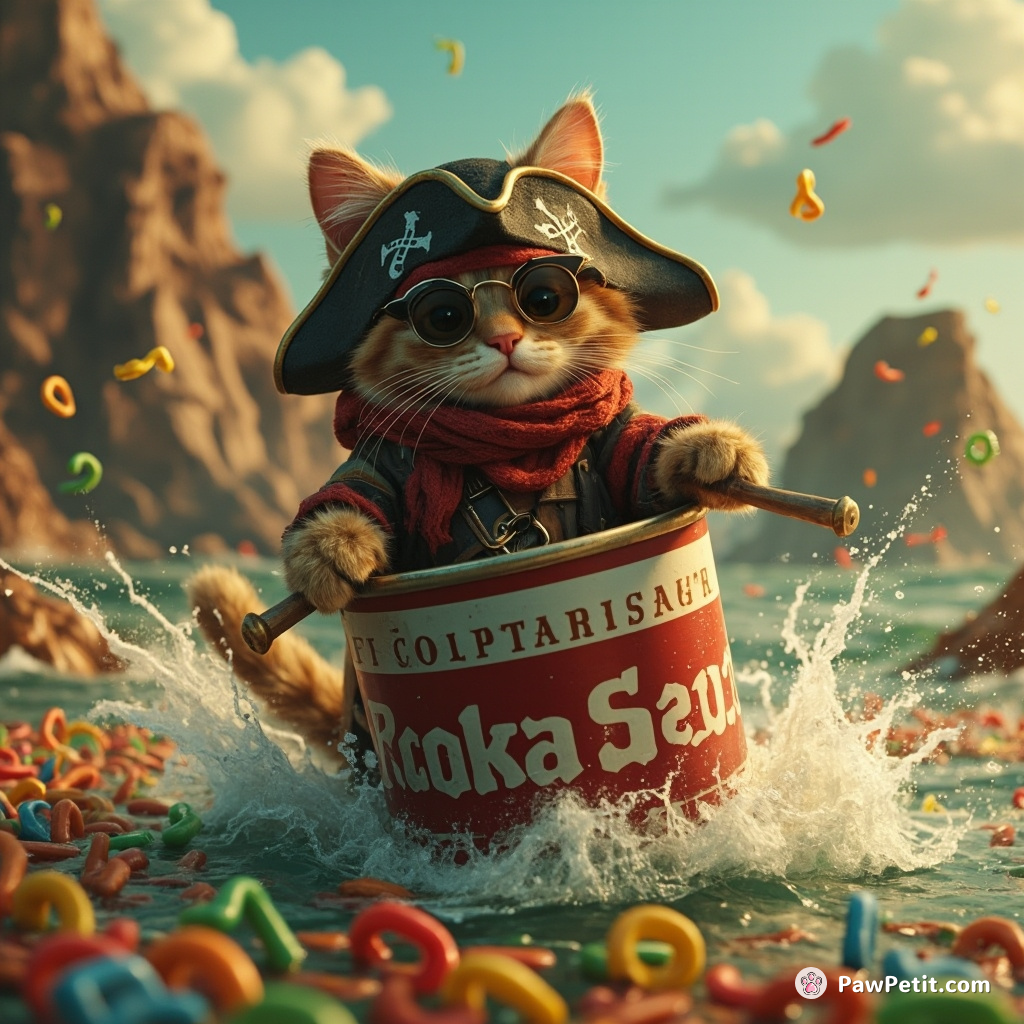 Post-apocalyptic pirate cat sailing a soup can on an ocean of alphabet soup.