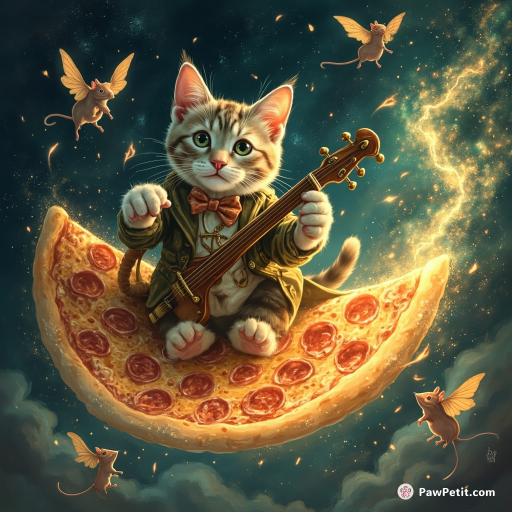 Mischievous cat conducting a magical symphony with moth-winged mice aboard a flying, pearlescent pizza.