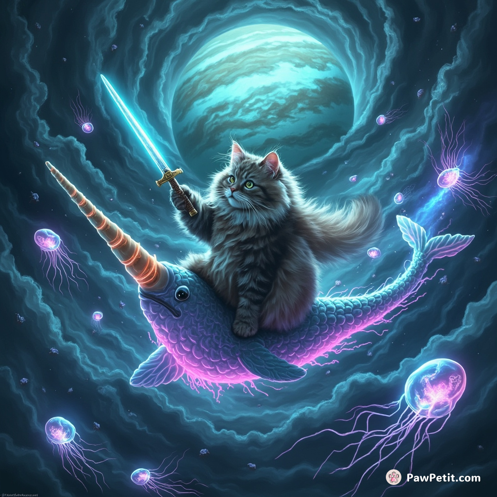 A cat swordfighting against an army of glowing jellyfish, while riding a neon narwhal on the swirling surface of Jupiter.