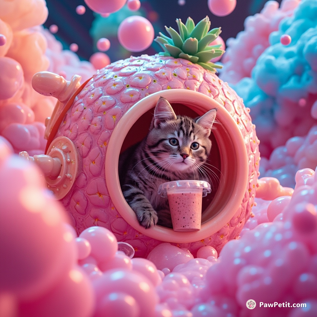 A cat guzzled on a giant rose milk tea in zero gravity blobs, inside a crystallized pineapple submarine exploring a rainbow cyclone.