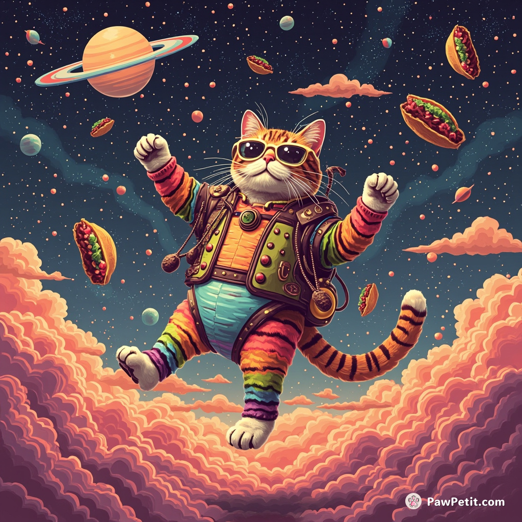 A giant, rainbow-colored steampunk cat dancing on Saturn's rings under a sky raining tacos.