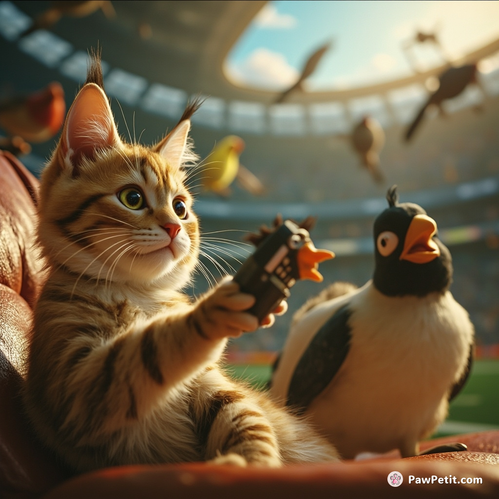 Mischievous cat swipes remote, changes favorite football game to birds documentary - pandemonium reigns amid cries of ‘fowl’ play.