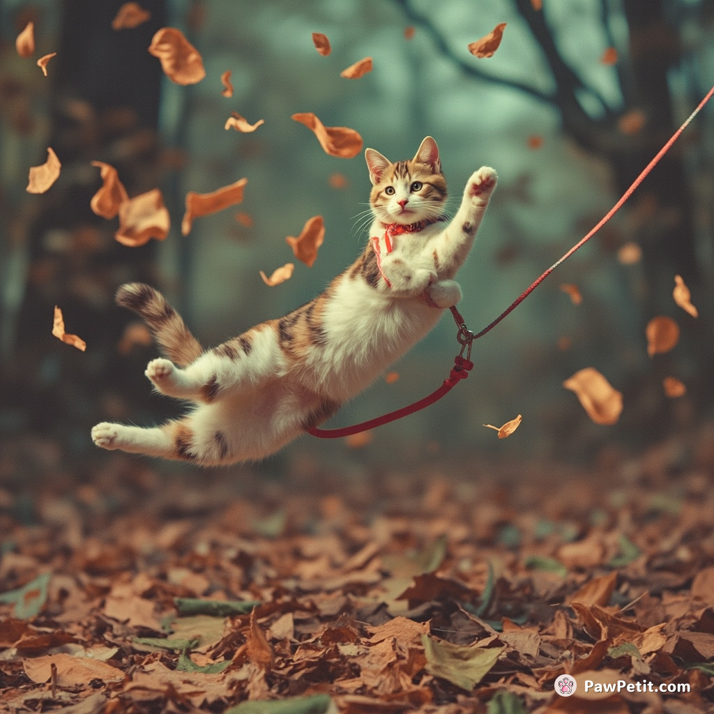 Cat lunges for fluttering leaves, tangles in leash, somersaults, then defiantly sits, tail twitching, amidst chaos.