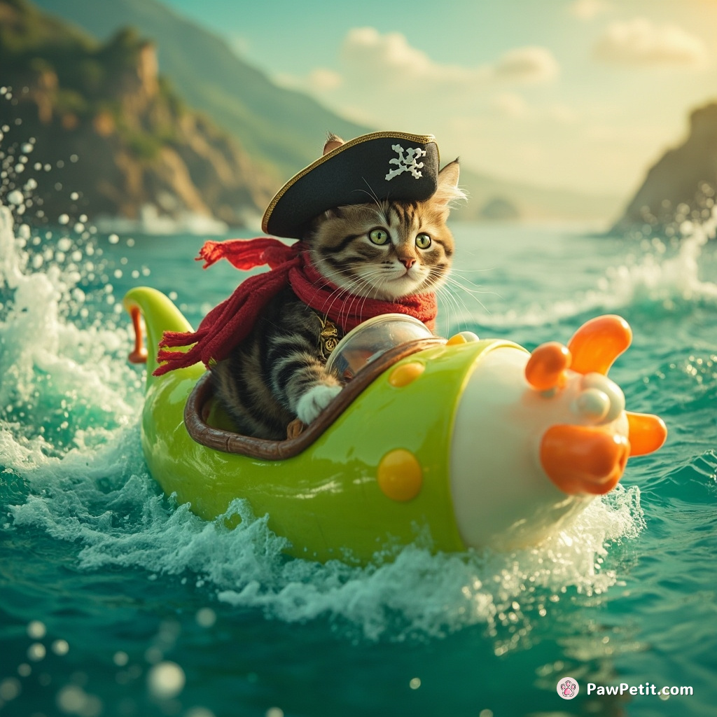 Pirate cat steering a jellybean submarine through an effervescent Melon-Mocha Soda ocean.