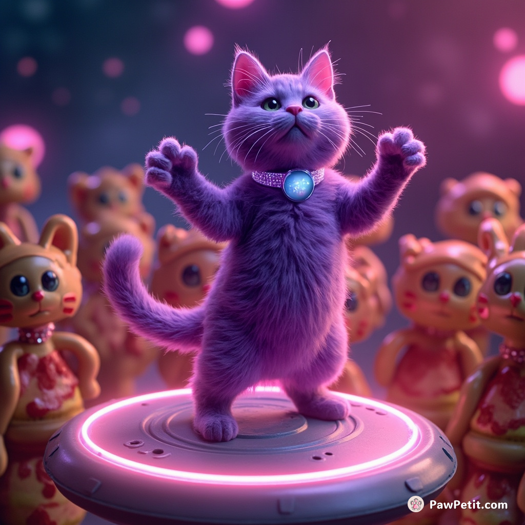 A neon purple cat disco dancing on a UFO, solar system collar sparking, as anthropomorphic pizzas cheer it on.