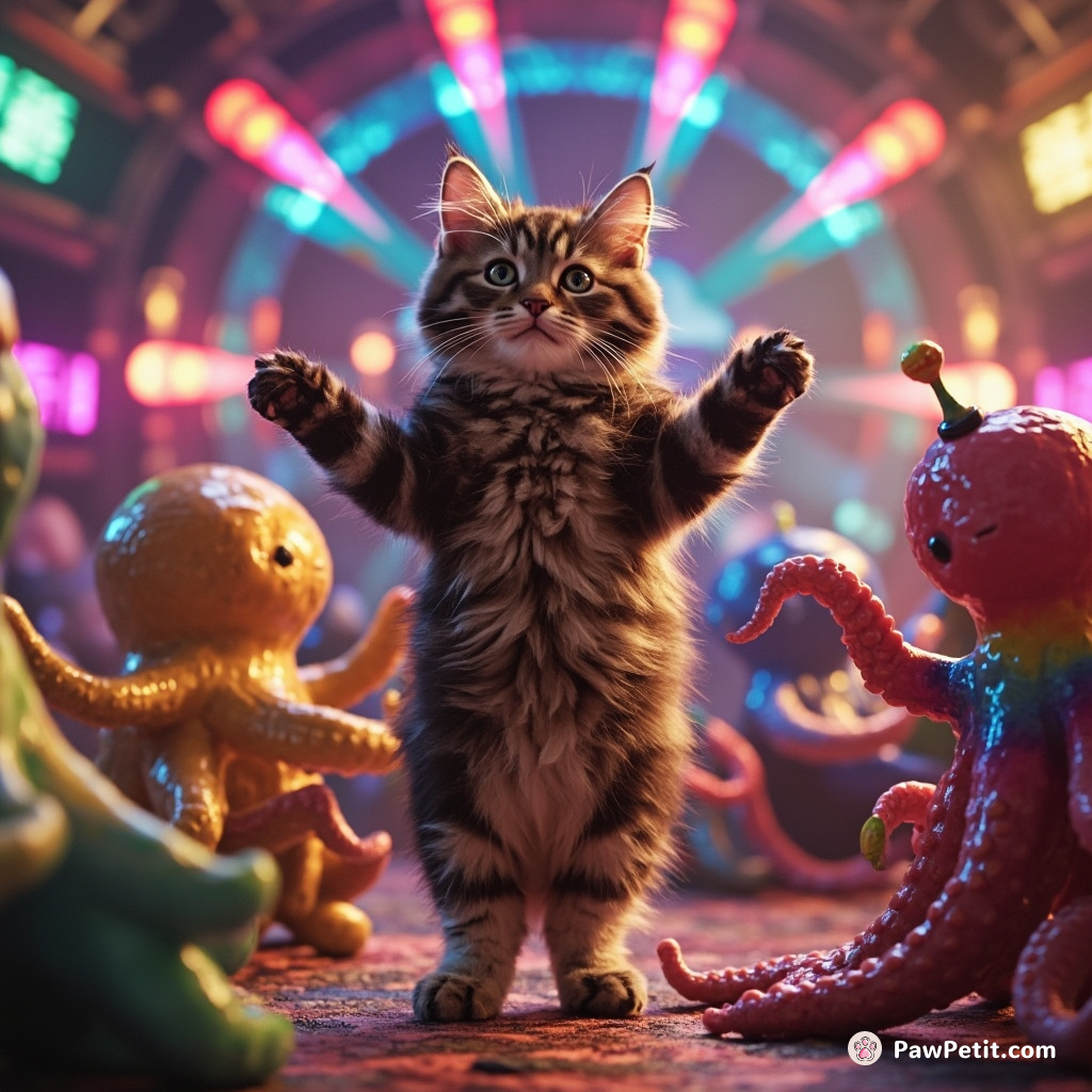 A cat samba dancing with rainbow octopuses in a spaceship disco hall.