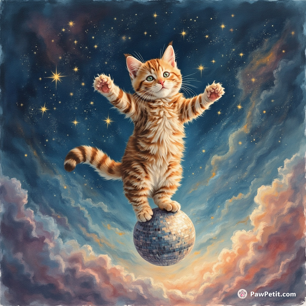 A cat break-dancing on a disco ball in a zero-gravity space with stars twinkling as her backbeat.