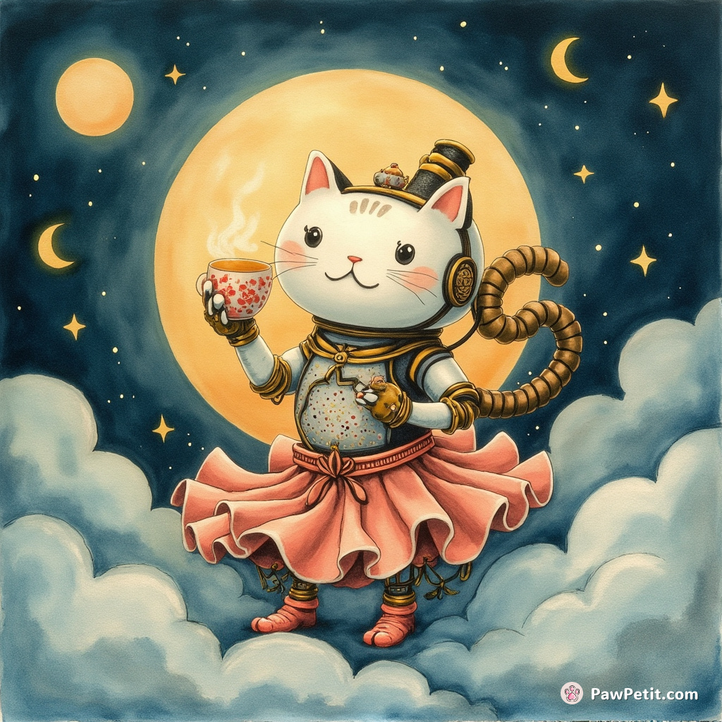A steam-powered robotic cat sipping tea on the moon while doing a belly dance.