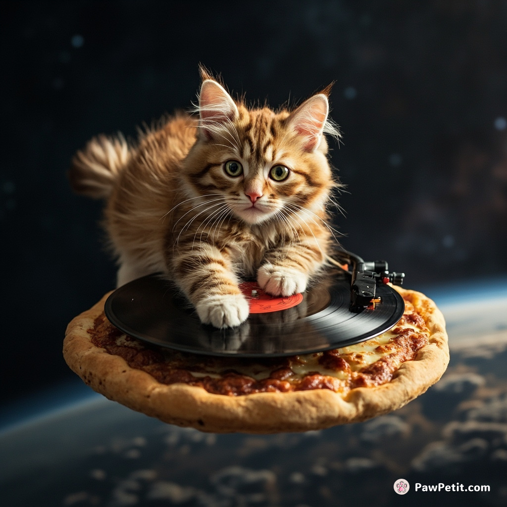 A cat improbably spinning vinyl records on a turntable atop a floating pizza in outer space.