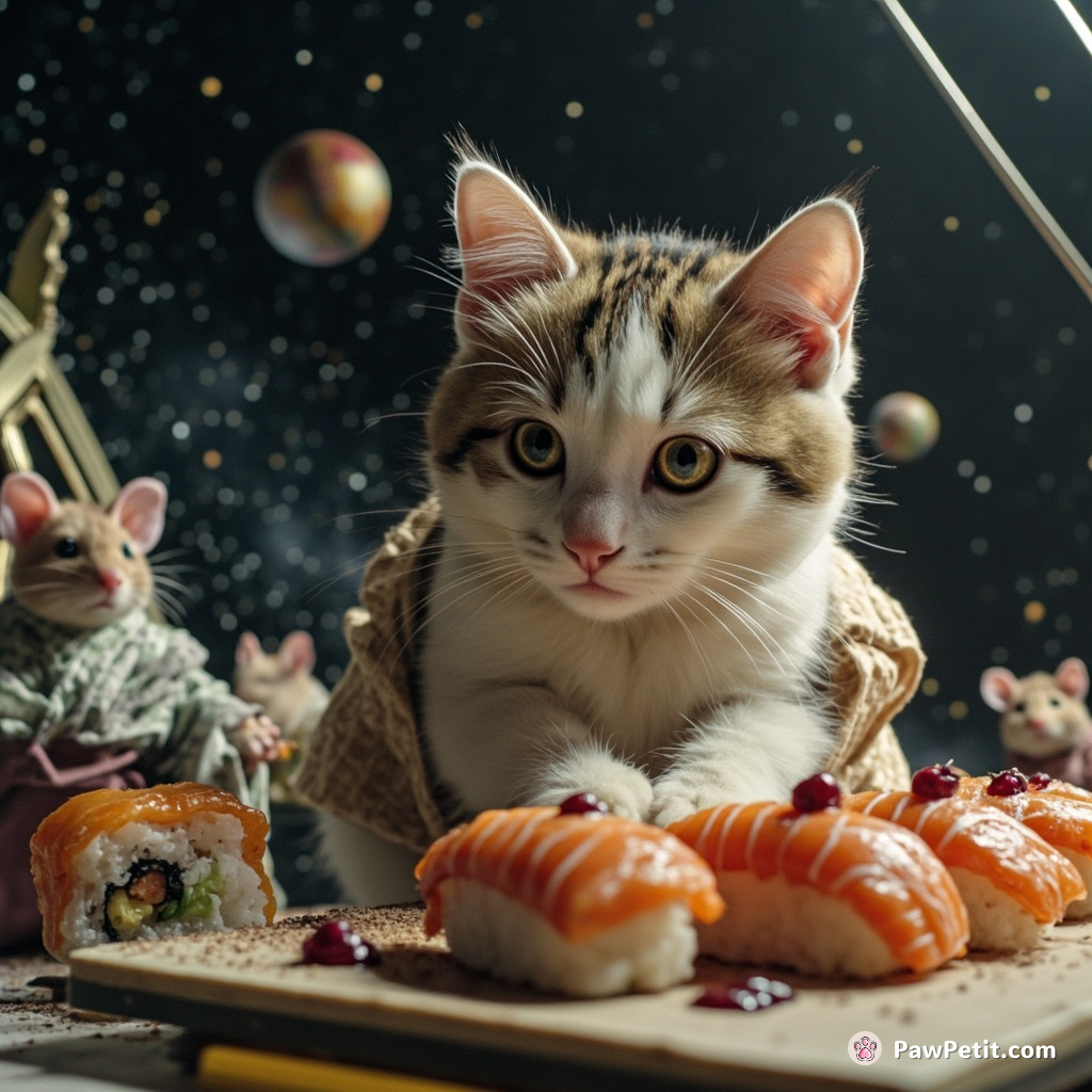 A cat making gourmet sushi on a space satellite, surrounded by stardust kimono-wearing mice.