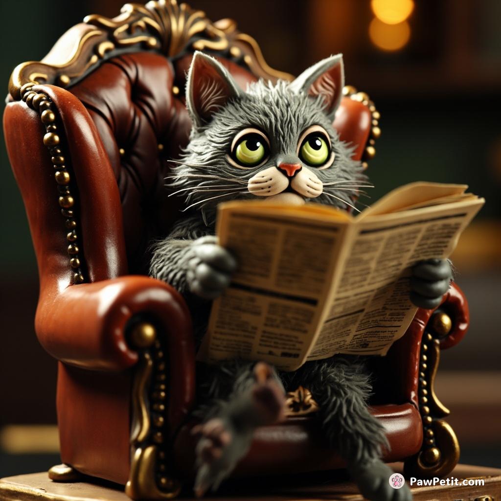 A dreary Dickensian cat reading a tiny newspaper in a mini leather armchair, inside an ornate cuckoo clock.