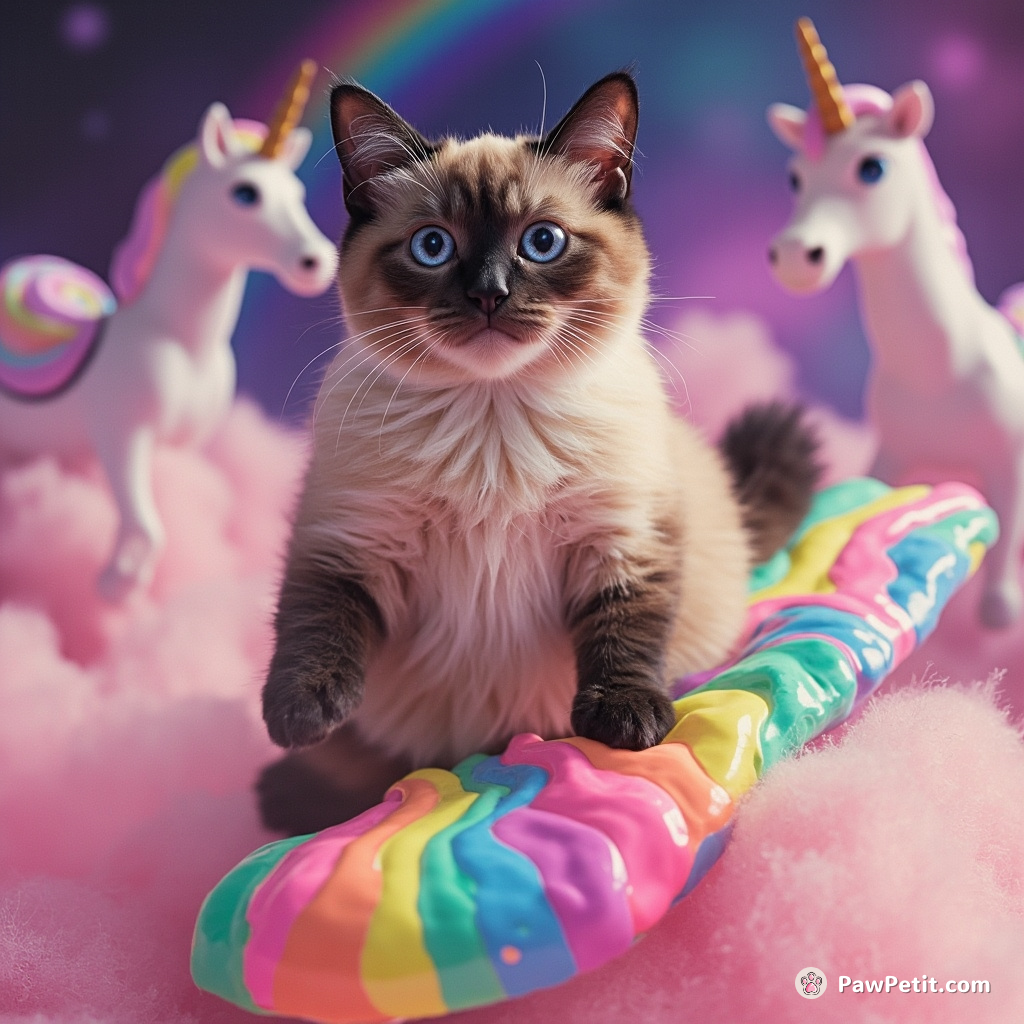 A startled-looking siamese cat surfing on a blob of rainbow-colored slime, with cosmic unicorns cheering in an ethereal background.