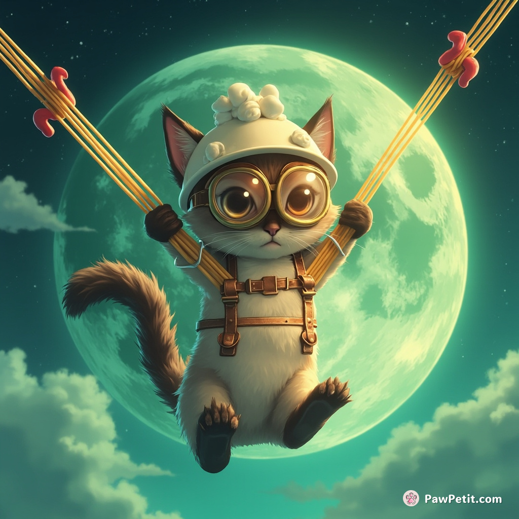 A Siamese cat bungee jumping from the emerald moon, using stringy spaghetti as its cord, with a helmet of goat cheese and goggles made of marshmallows.