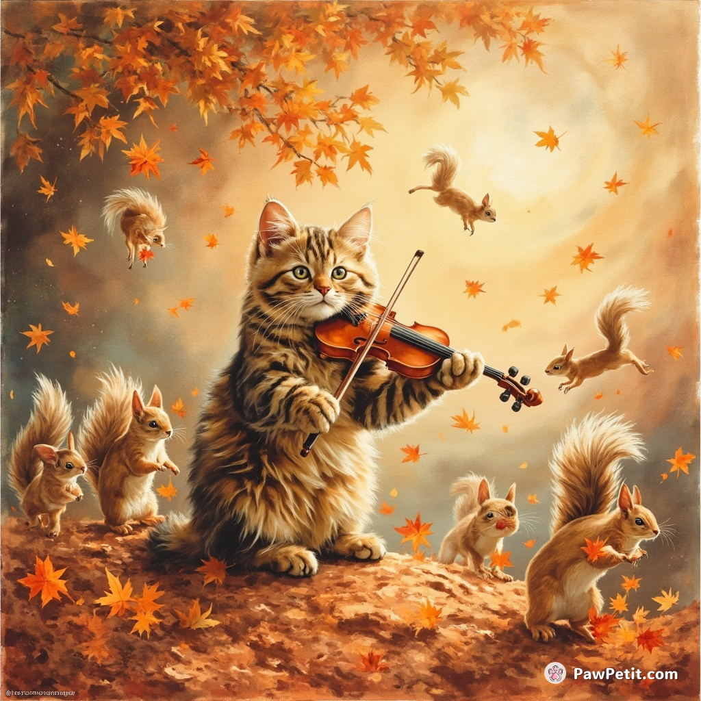 A ragtime orchestral cat conducting a symphony of squirrels amidst falling autumn leaves on Mars.