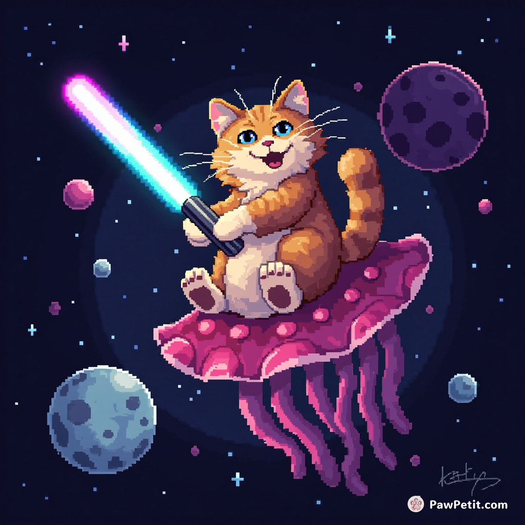 A cat riding a jellyfish in outer space, wielding a glow stick as a lightsaber.