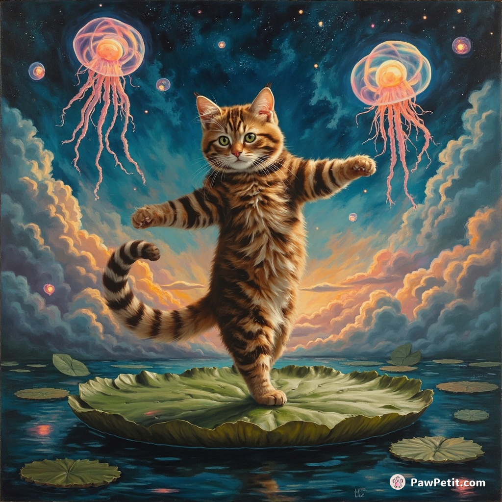 A bipedal ginger tabby cat doing a graceful flamenco dance on a floating lily pad, under an alien sky glowing with neon-lit jellyfish clouds.