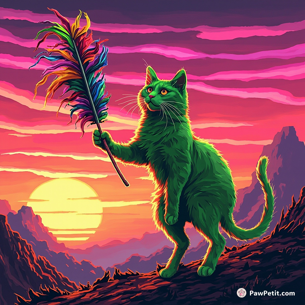 A six-legged apple-green cat painting the stripy surreal sunset with an oversized chaotically multicolored feather quill.