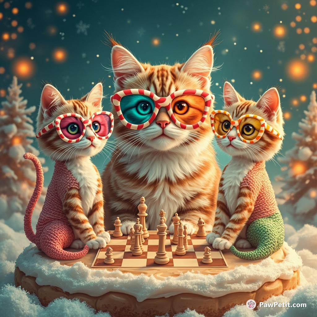 A three-headed cat wearing multicolored candy-cane glasses, playing 4D chess against mermaid cats on a floating cheesecake within an orange-snowed winter wonderland.