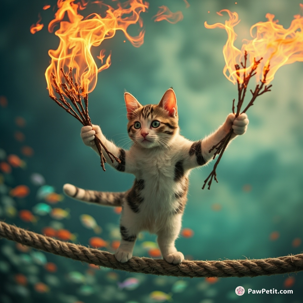 A calico cat juggling flaming branches on a tightrope over an ocean filled with rainbow-colored fish.