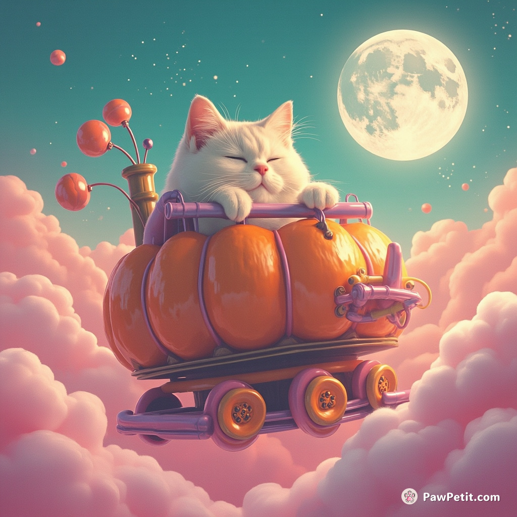 A stubby cat piloting a pumpkin-shaped steam engine through bubblegum clouds, blowing a silken moon out of a lavender bamboo flute.
